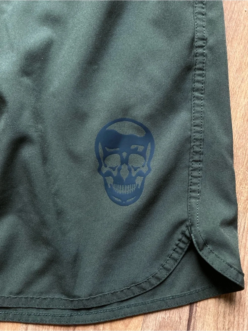 Gymreapers Mens XXL Olive Green Stretch Athletic Shorts Skull Logo 8” Inseam